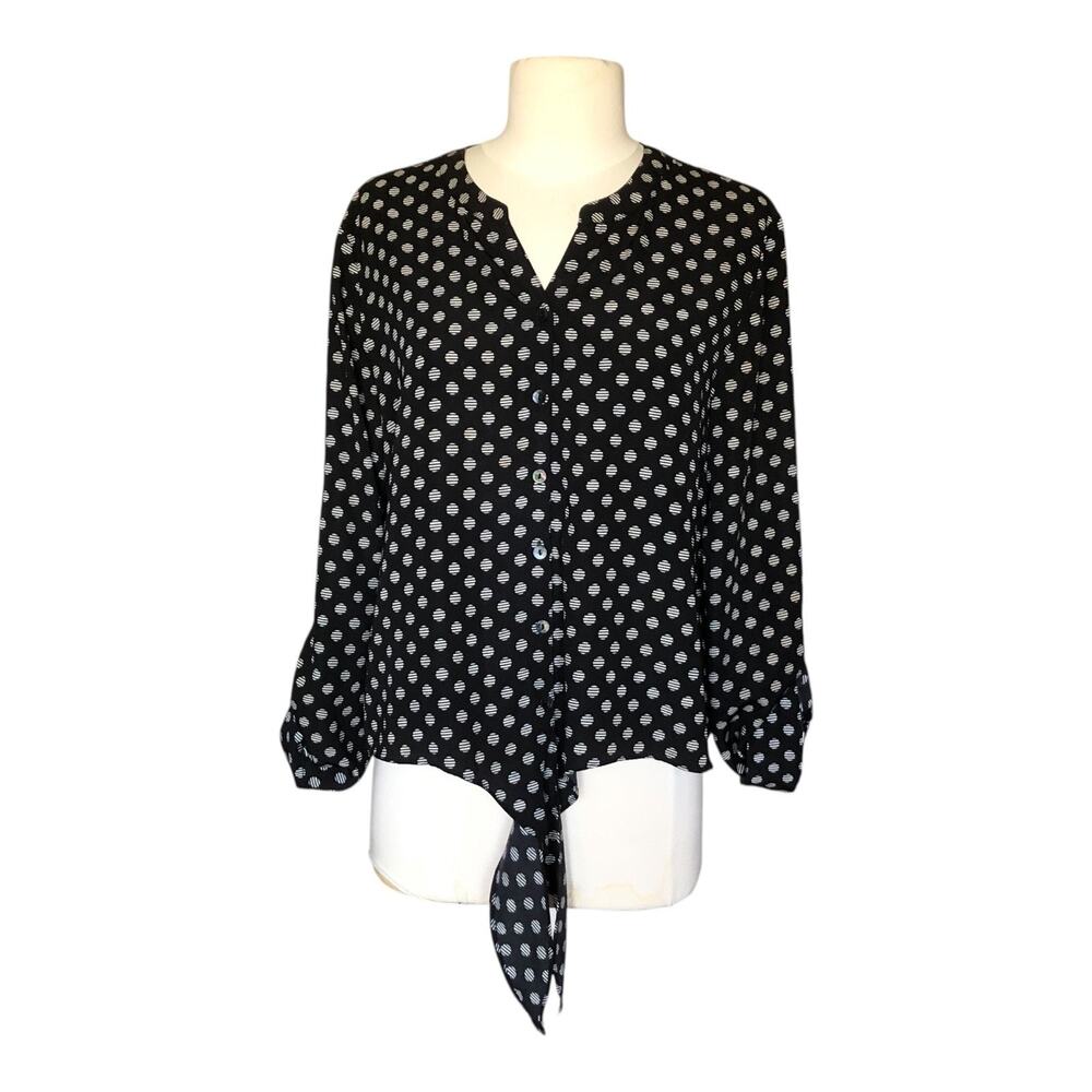 Chico’s Black White Polka Dot Tie Front Blouse Button Down Roll Tab Sleeve Sz 1